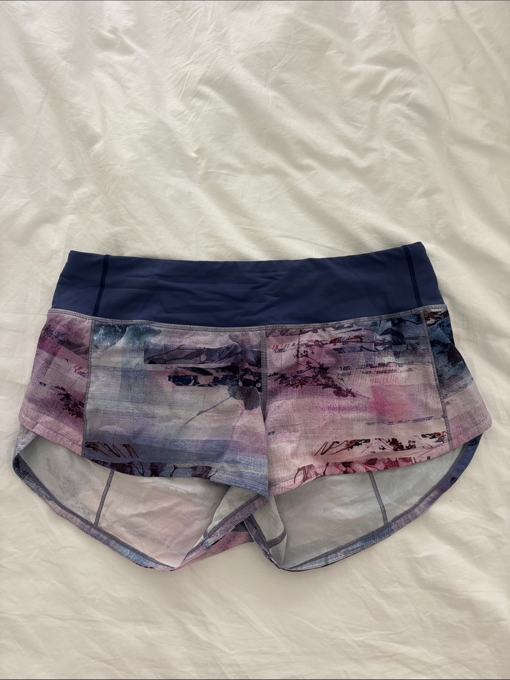 lululemon athletica Navy Waistband with Lavender & Blue Abstract Print Shorts